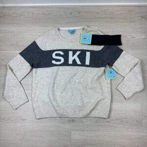 CeCe SKI Motif Crew Neck Sweater Womens Medium Ivory W/ Headband Apres Lodge